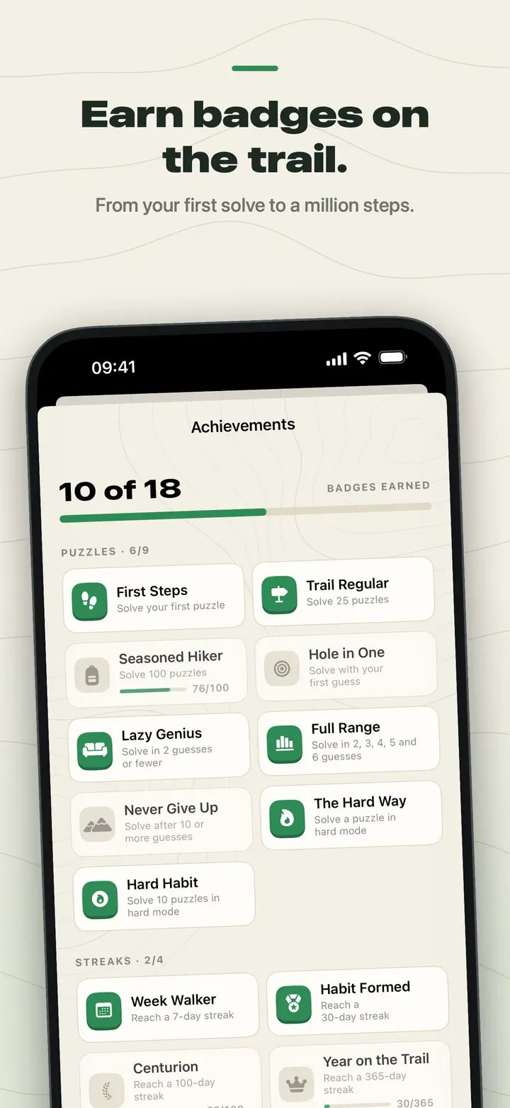 Earn badges on the trail. Stridle's achievements page with 10 of 18 badges earned.