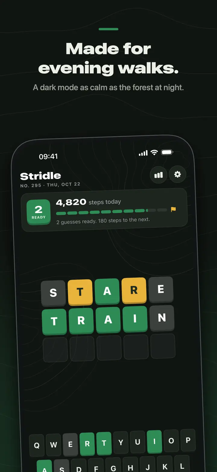 Made for evening walks. Stridle in dark mode, mid-game with STARE and TRAIN.