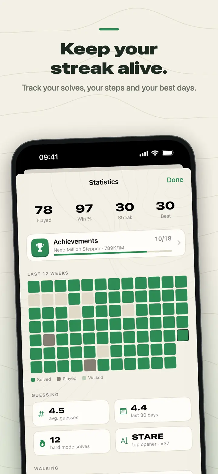 Keep your streak alive. Stridle statistics: 78 played, 97% wins, a 30-day streak and a 12-week trail calendar.