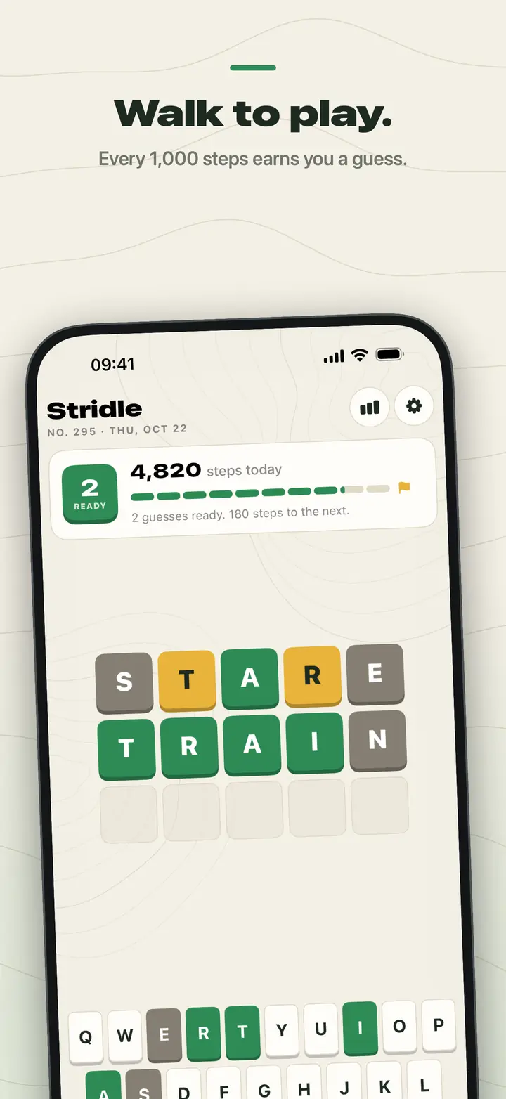 Walk to play. Stridle mid-game with two guesses, STARE and TRAIN, 4,820 steps today and 2 guesses ready.